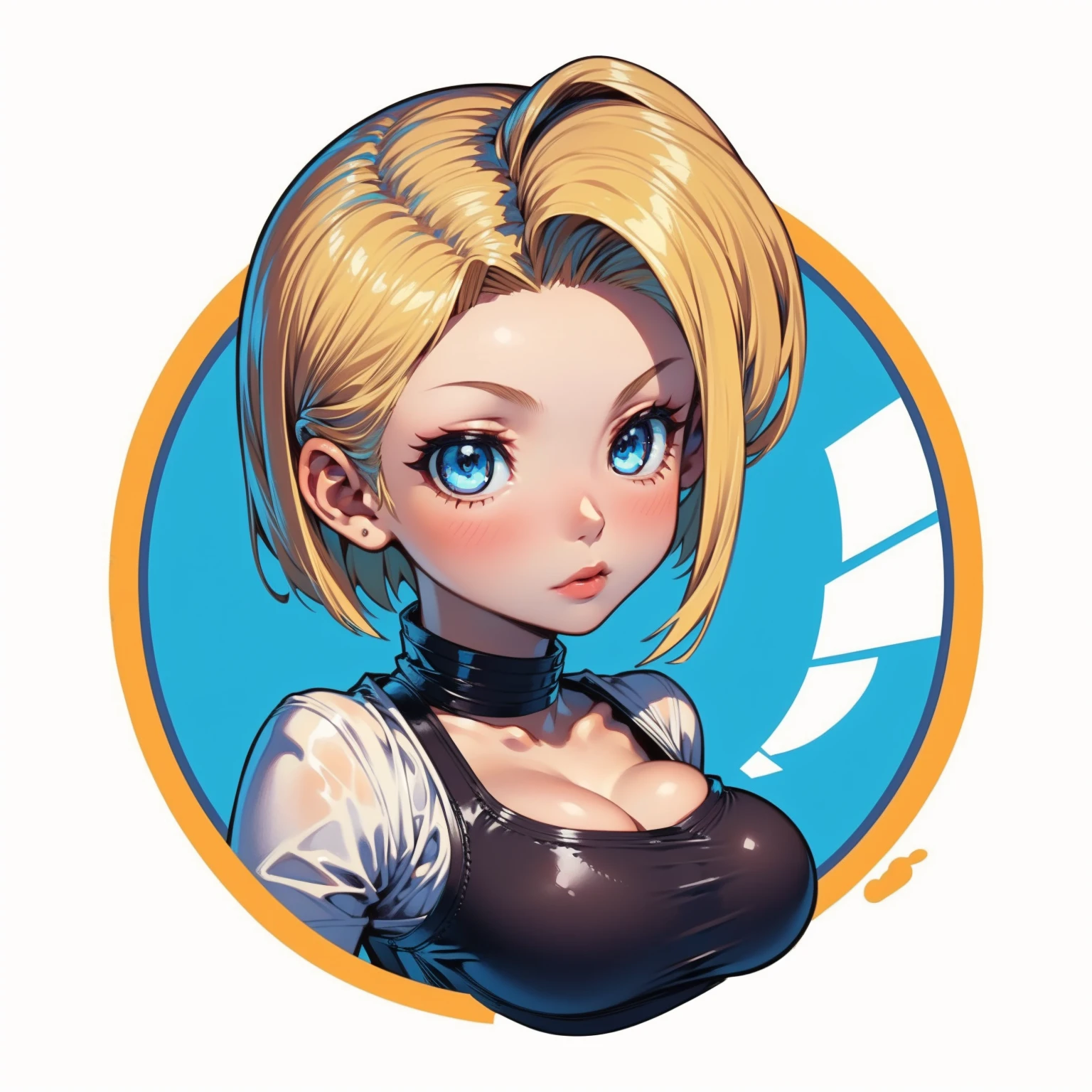 ((1girl,  android 18 , blonde hair, short hair, blue eyes, 1girl, white background, blonde hair, white shirt)), upper body, anatomically correct, short hair, chibi, simple background, cleavage, looking at the viewer, 