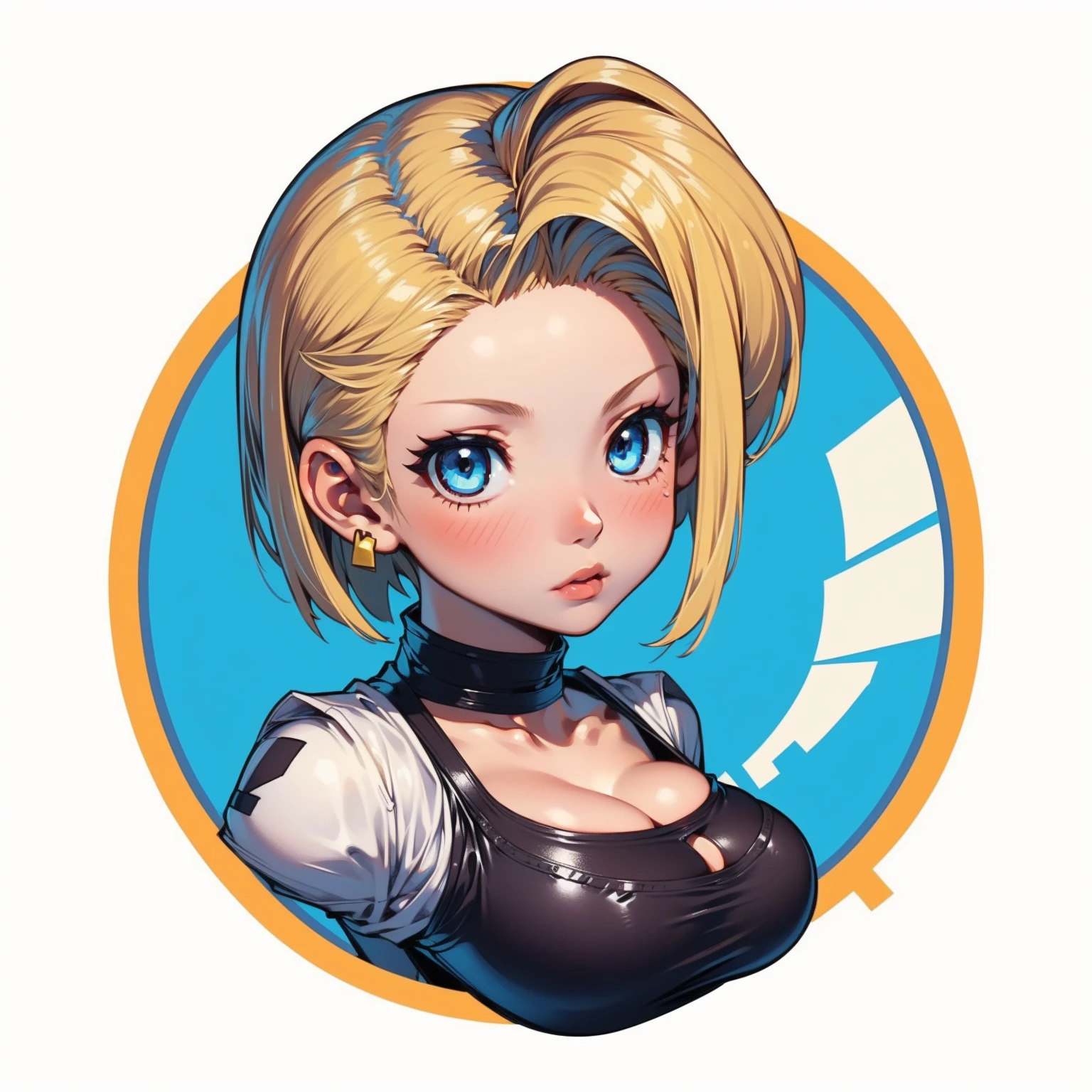 ((1girl,  android 18 , blonde hair, short hair, blue eyes, 1girl, white background, blonde hair, white shirt)), upper body, anatomically correct, short hair, chibi, simple background, cleavage, looking at the viewer, 