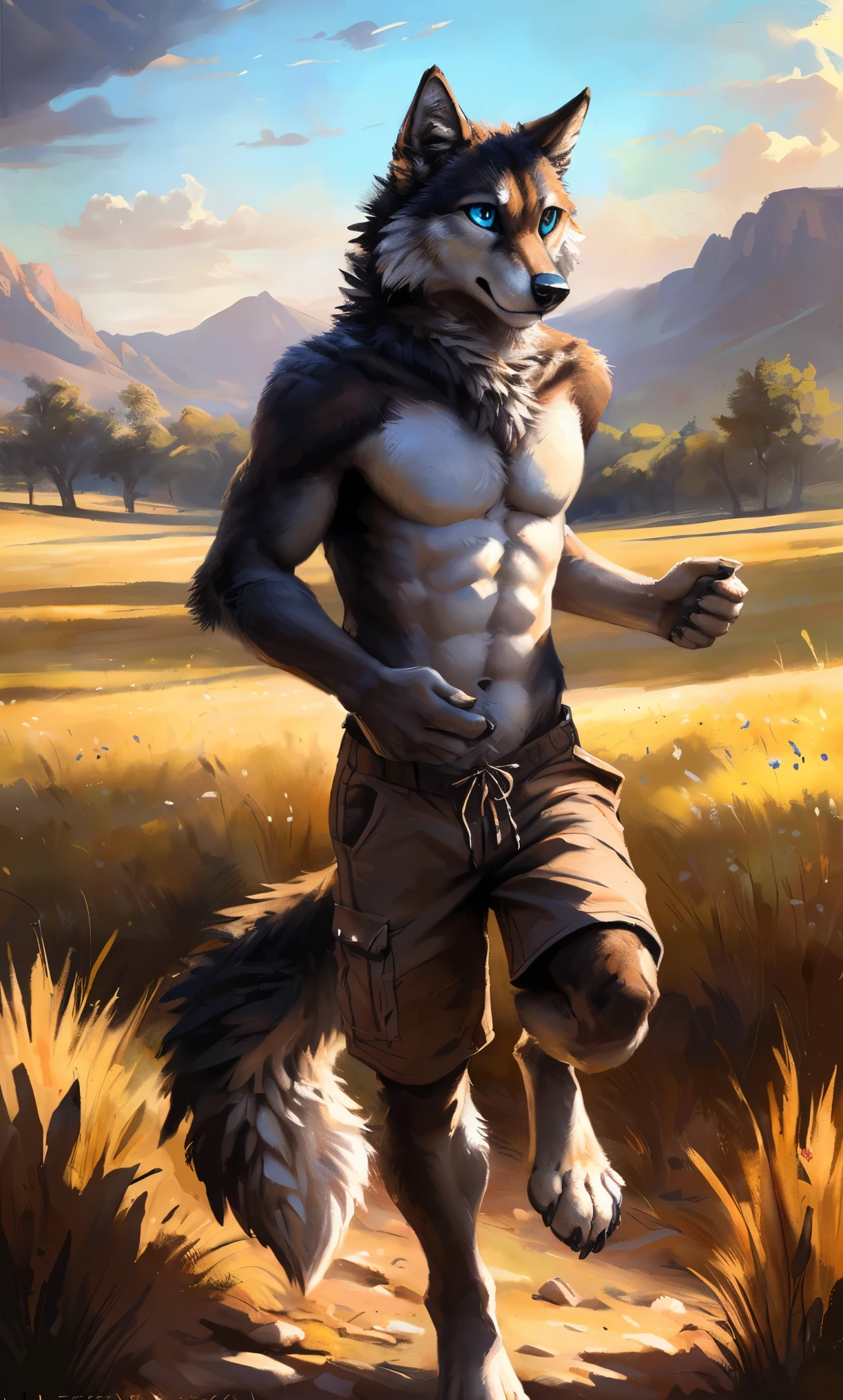 ((Solo)), male people, anthro wolf, (Multi-colored fur, White-brown:1.3，White tail pointed), (Height 2.1m,Tail length 1.2m), ((Wolf face, Big eyes, White eyelids, Blue pupil, Slim:1.2) (Tough, Calm expression:1.2)), Abs, Slim, pinging)), (Correct anatomy), (Work shorts:1.1), The upper body  naked, (detailed outfits),A long big tail，Feet，(Realistic fur, Detailed fur texture, labeled:1.3)), (Natural lighting), Photorealistic, Hyperrealistic, ultradetailed, by Kenket，Field，erect through，Running on