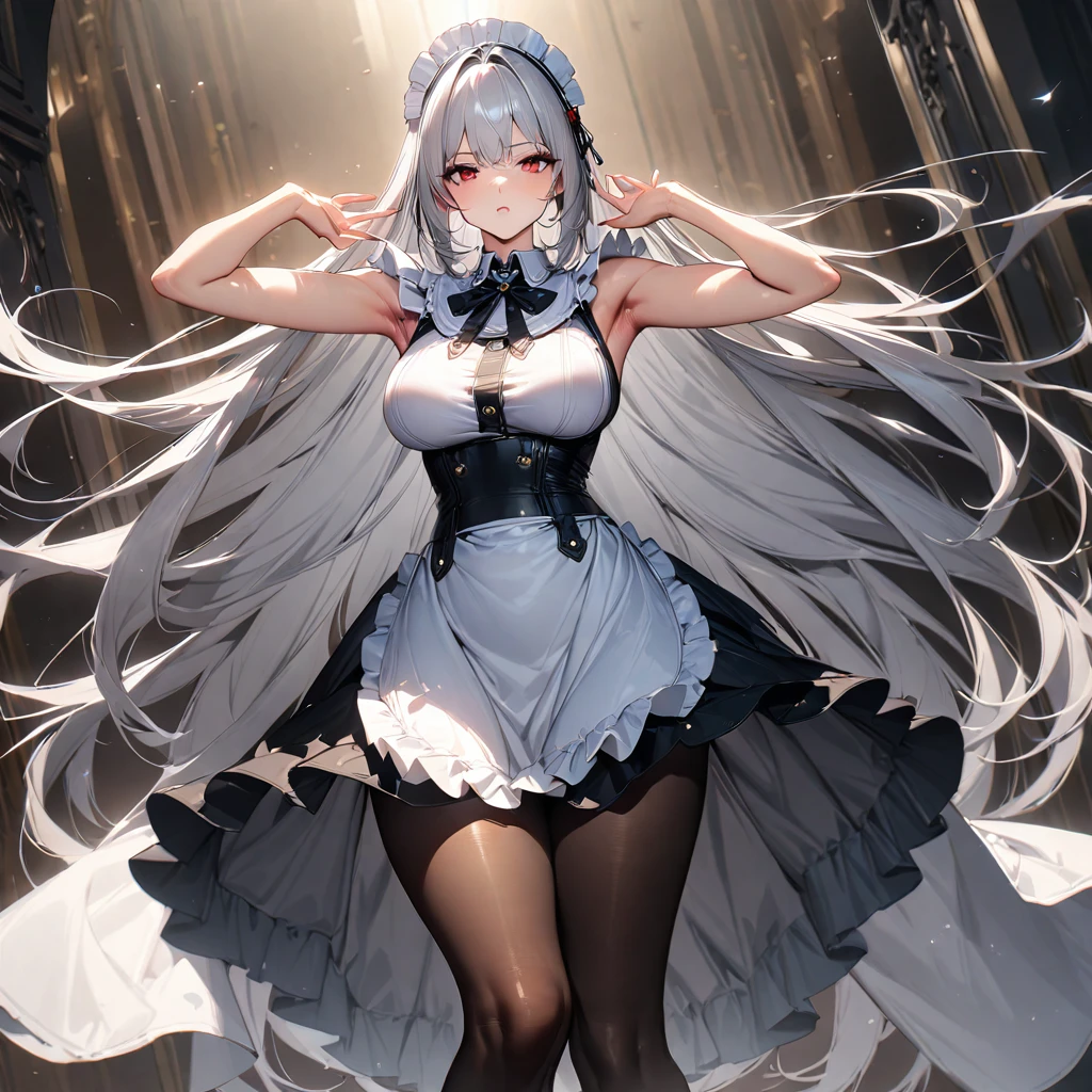 Tsundere 18 year old girl, beautiful and delicate eyes, beautiful lips, Highly detailed eyes and face, long eyelashes, 1girl, white cat ears,foot long bag, Front view, red eyes, (best quality, 4K, 8K, high resolution, masterpiece:1.2), Ultra-detailed, (realistic, realistic, realistic, realistic: 1.37), big bust, Scythe, elegant, fantasy, soft lighting, white background,holding a weapon, maid uniform, Showing armpits,