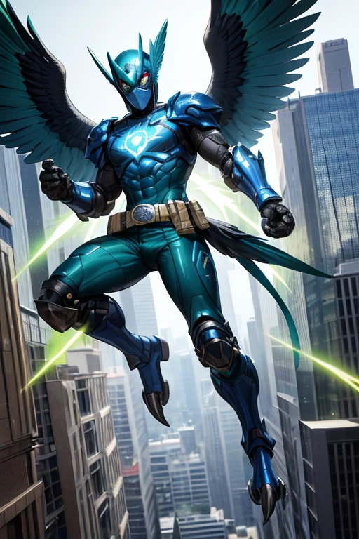 ((best quality)), ((masterpiece)), (detailed), 1 man, full body, 25 years old, masked, blue mask, blue head, uncovered mouth, biker helmet, blue helmet, parrot helmet, black neck, tall, thin, black beak, black details, a green parrot with a blue head on his side, metallic wings, wings on his arms, blue fingerless gloves, blue wristbands, luminous blue wings shooting lasers, blue suit resembling light armor, blue suit with an emblem, entirely green chest, emblem on his chest, green pants, deployable bird tail, metallic feathers, gray knee pads, metallic gray boots, metallic bird claws on his feet, black superhero belt, flying through the city, midday city background, anime
