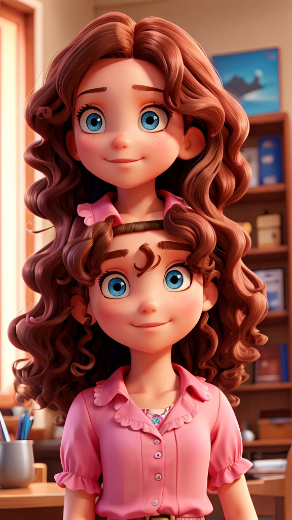 Brunette curly hair pink blouse blue eyes long hair