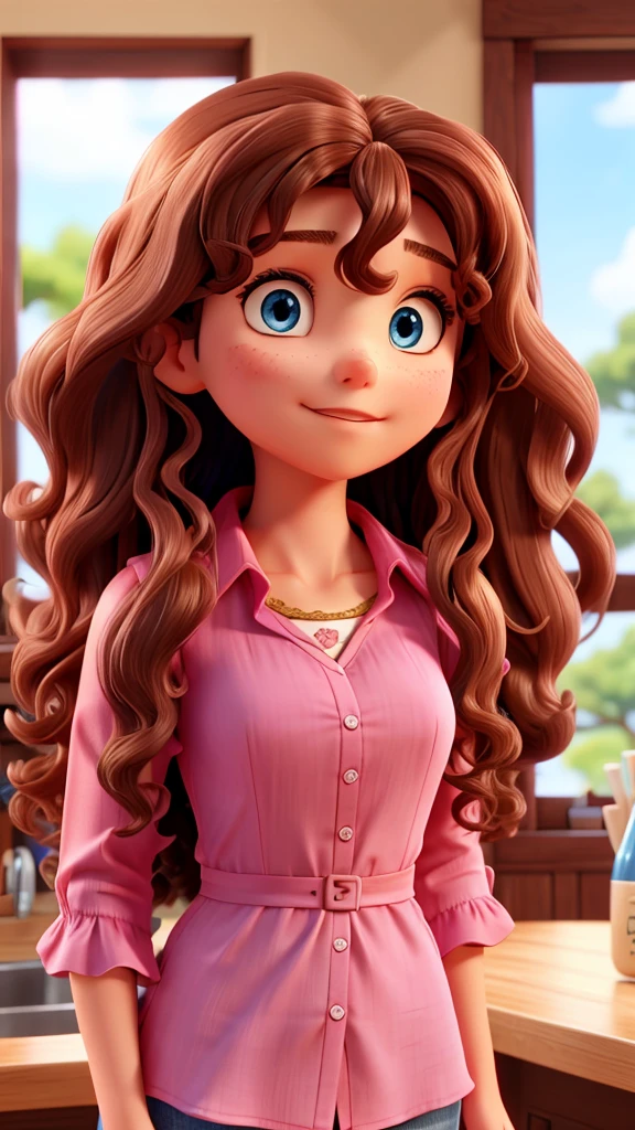 Brunette curly hair pink blouse blue eyes long hair