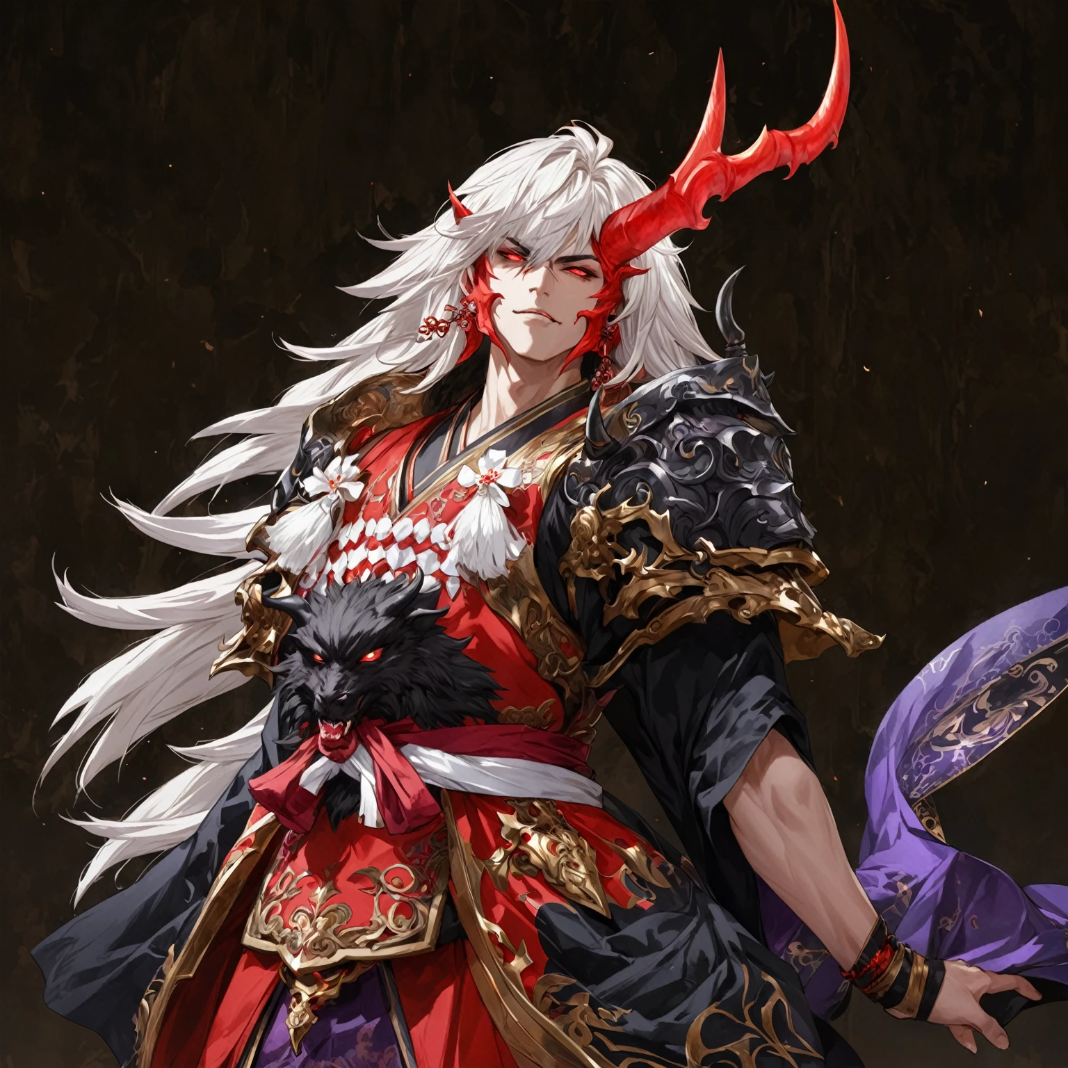 masterpiece, best quality, Fantasy aesthetics, Highly detailed, shadowverse style, male, japanese style, demonic horn, demonic