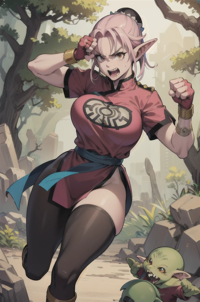 _asura style, yoimiya (genshin impact), 1girl, solo, muscular, biceps, sport woman, cleavage, looking at viewer, large breasts,