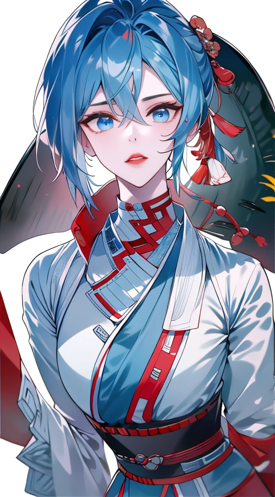 Masterpiece, Best quality, 1 Ji Ruxue, the expression is cold, strong, blue eyes, short hair, wolfcut hairstyle, smoky mix blue color hair, resolute eyes, red lips, simple Taoist Taoist uniform, Chinese mix morden, frontal photo, black or white background, simple background, アニメ, illustration, Chinese style short-sleeved shirt, cool girl, Ji Ru Xue, Fullbody, blank background , full HD