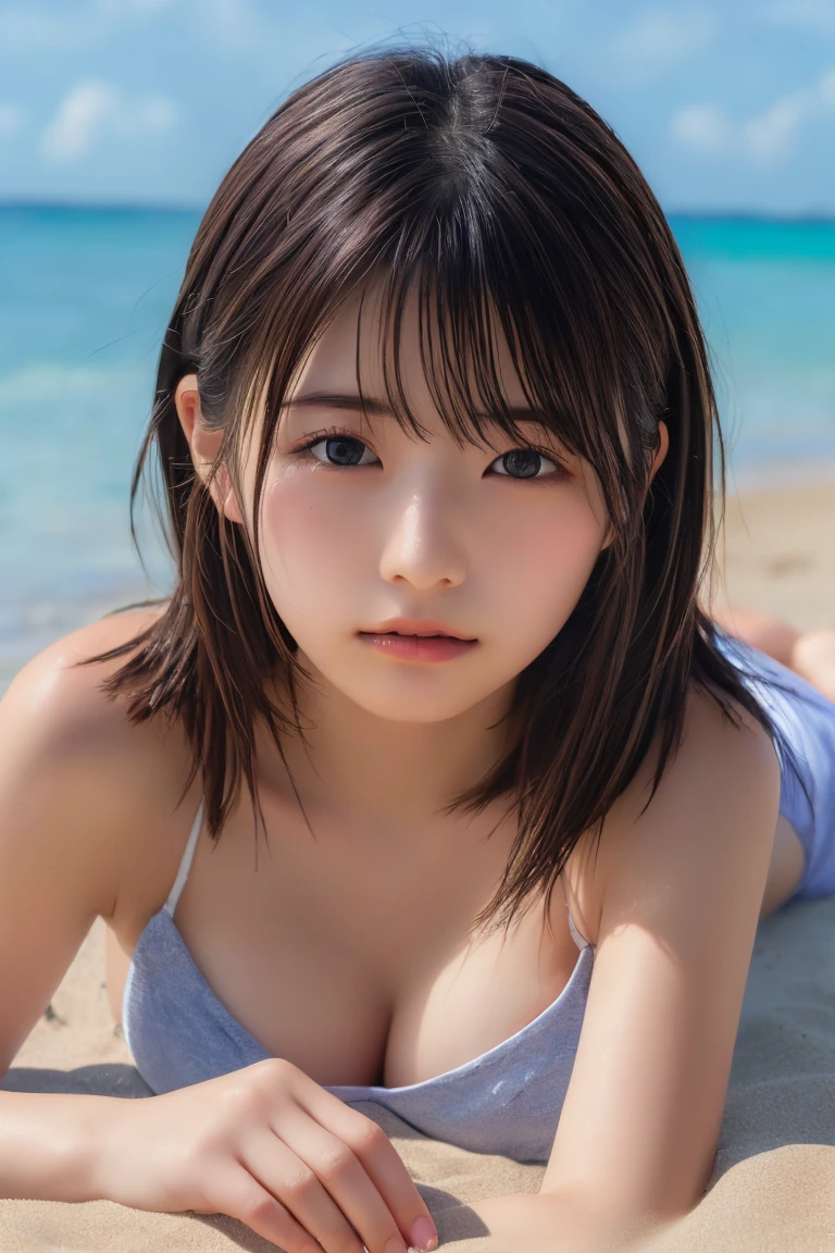 Highest quality, (beautiful)、naked、Larger breasts、Brown Hair、looking at the camera、Sleeping on your stomach、Close-up、Expressionless、Beach
