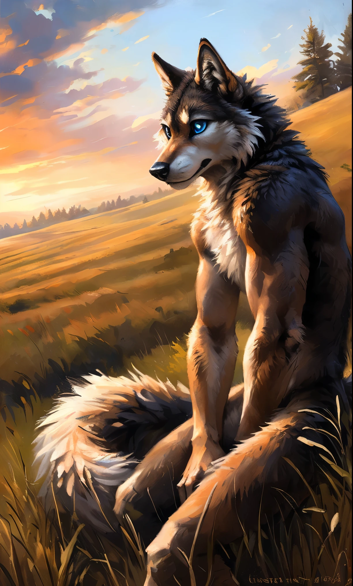 ((Solo)), male people, anthro wolf, (Multi-colored fur, White-brown:1.3,White tail pointed), (Height 2.1m,Tail length 1.5m), ((Wolf face, Big eyes, White eyelids, Blue pupil, Slim:1.2) (Tough, Calm expression:1.2)), Abs, Slim, pinging)), (Correct anatomy), Naked all over the body,A long big tail,Feet,(Realistic fur, Detailed fur texture, labeled:1.3)), (Natural lighting), Photorealistic, Hyperrealistic, ultradetailed, by Kenket,Field,No artifacts