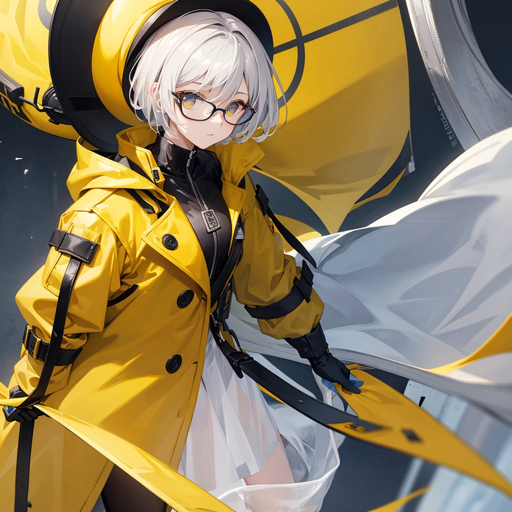 woman with short hair wearing glasses and a yellow coat and a yellow hat with white details