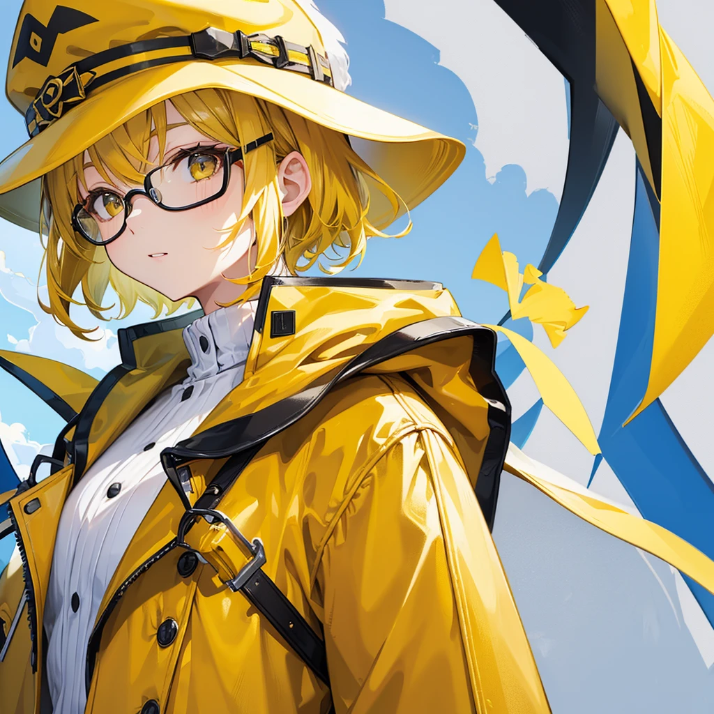 woman with short hair wearing glasses and a yellow coat and a yellow hat with white details