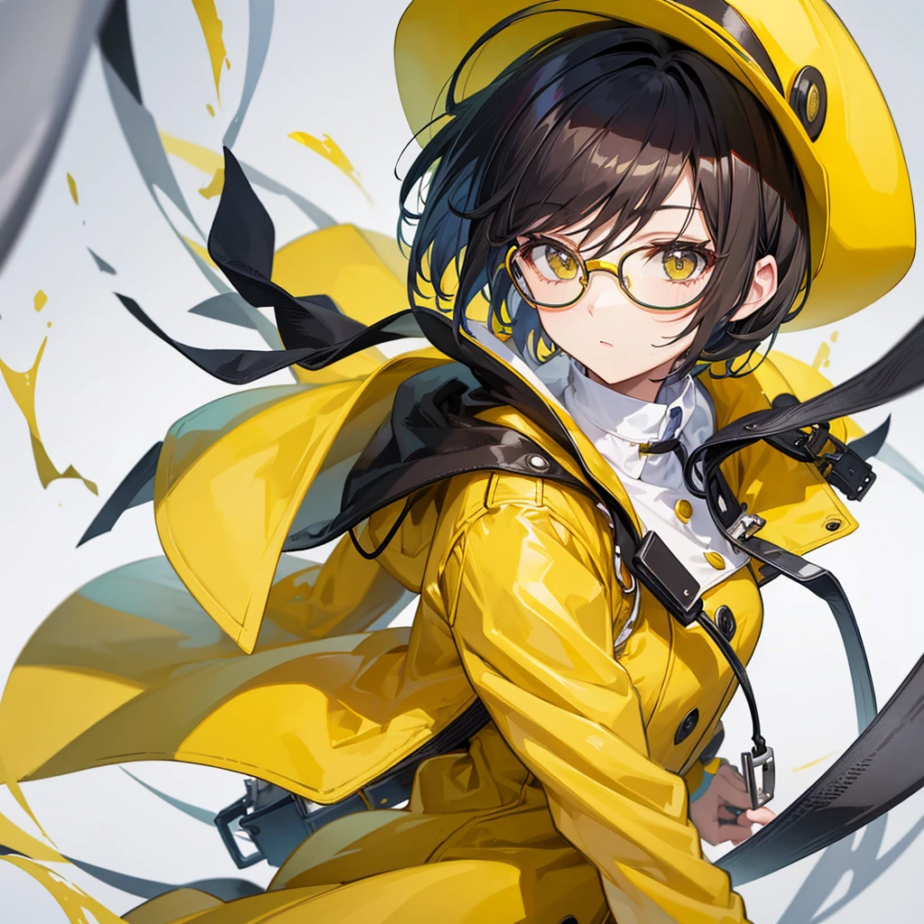 woman with short hair wearing glasses and a yellow coat and a yellow hat with white details