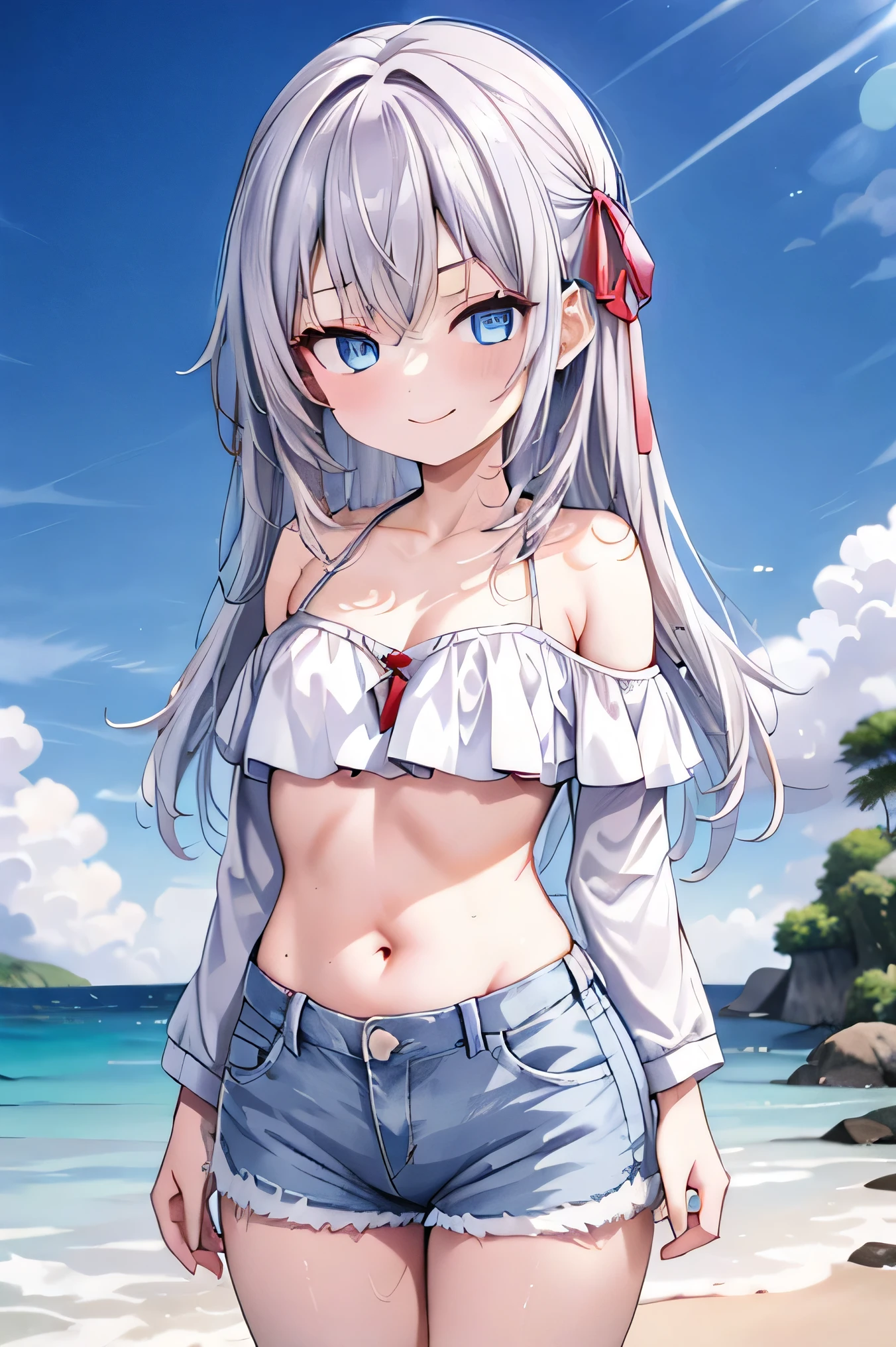 silver hair,blue eyes,Arya、Best masterpiece, anime coloring, ultra-detail, 8k、((beach))、summer, morning, sun、White off-shoulder jeans with shorts、from below、looking down、smile、silver hair,long hair,red ribbon,turime,slender,medium breasts、outdoor,small breasts