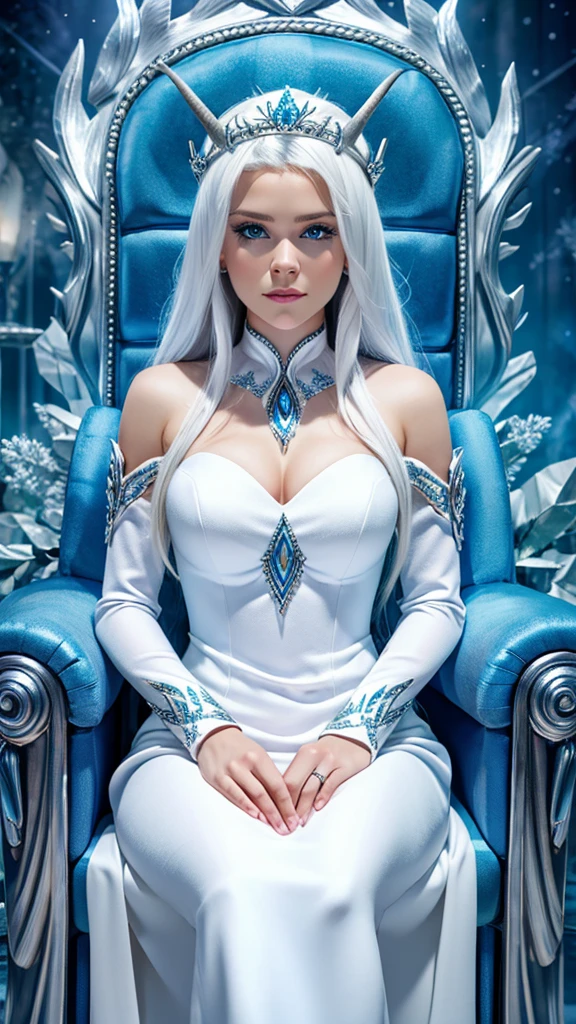 Best quality, cinematic image, detailed image, fantasy, detailed face, detailed beautiful blue eyes, ice goddess, Queen of Winter, horns, Throne room, сидит на троне с властным видом, everything is in ice, белая кожа, Very long white hair, bodycon white dress, Beautiful woman, high, cold look