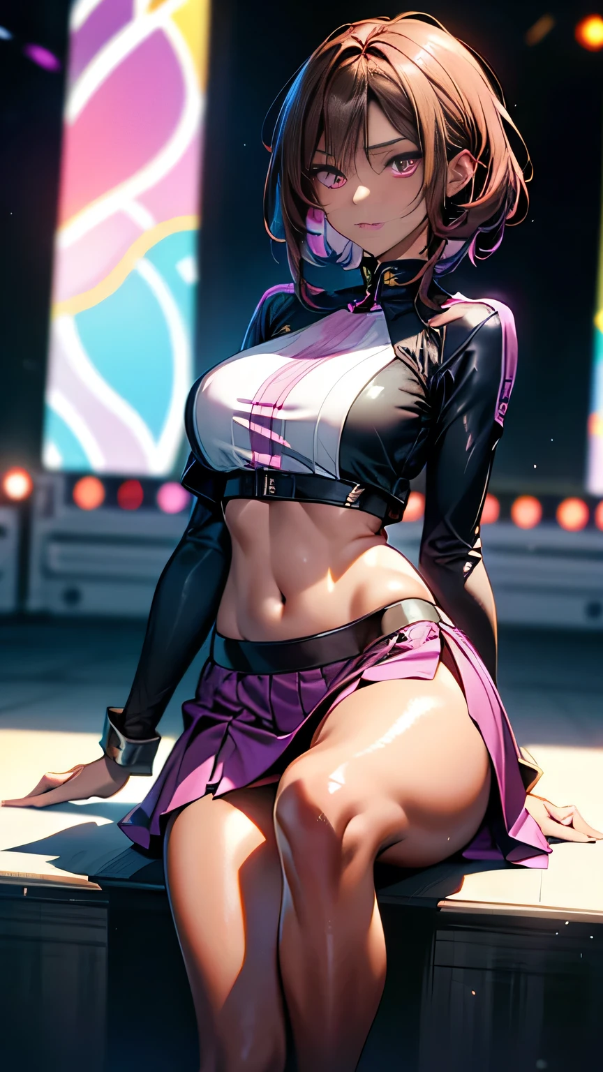 forward: Open Racing Jacket、Tight clothing, Face close-up, Thighs Thighs Thighs Thighs, Delicate girl, Violet crop top, No sleeve, Violet skirt, Shiny肌, View your viewers, Teen, ピクシーshort hairスタイル, Cream yellow hair, short hair, Long eyelashes、eye shadow(Digital Animation:0.8), (Edge lighting, Best details, Very detailed, Ultra-detailed, In detail:0.8), [:Detailed face and eyes:10], (Lesh pink eyes:1.2), Cosplayers, Random Pause, Race Queen、Uniform with logo、 Exquisite beauty、Beautiful Face, Slim model body type, Beautiful breasts, Shiny, Beautiful feet、wet Shiny body, (((Dark brown skin beauty))), neon、A large number of people、audience、Aurora Vision、Huge stadium、Drag Racing、Racing Circuit、Racing Car、、A large number of people、audience、audience、audience、A large number of people、Camera flash、Laser beam、