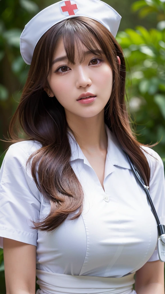 (8K, Ultra High Quality, Best Picture Quality, Masterpiece Degree:1.2), (Big Tits:1.2), (Realistic, Realism:1.37), Ultra-Detailed, Solo, Glossy Hair, ((Long Hair)), Bangs, (JK:1.2), (Nurse), (JK:1.2), (Nurse), Angle Down, Full Tits, Reverse, Brown Hair Gal, Female Dog, Glamorous face, Slim body, Hospital