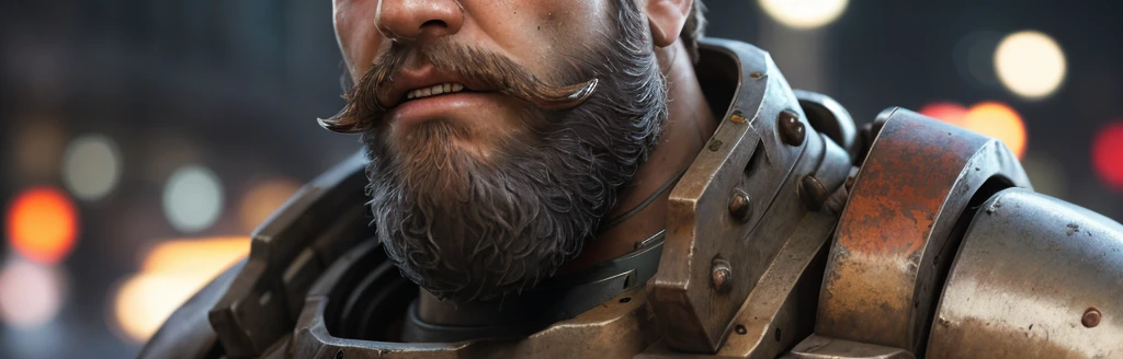 close up Portrait photo of muscular bearded guy in a worn mech suit, ((light bokeh)), intricate, (steel metal [rust]), elegant, sharp focus, photo by greg rutkowski, soft lighting, vibrant colors, masterpiece, ((streets)), detailed face 