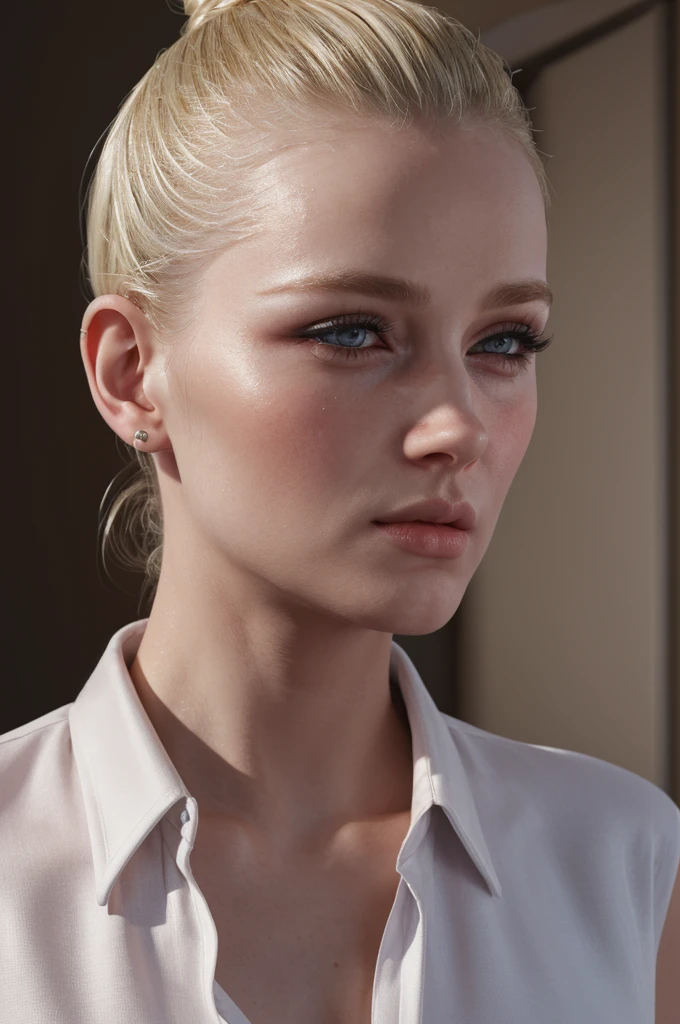 woman pretty, blonde, slicked back bun hair, blonde hair ,(best quality,4k,8k,highres,masterpiece:1.2),ultra-detailed,(realistic,photorealistic,photo-realistic:1.37) character,wonderful woman,slim and slim body,casual shirt,modern clothes.