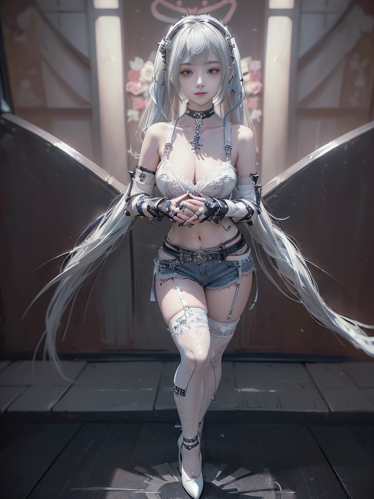 (Full body:1.5)、(Full body:1.2)、(Smiling with teeth showing:1.3),(Shibuya Gal:1.5)、(Neo-goth style fashion:1.5)、(Punk RockVisual Kei:1.4)、(Medieval noble gimp in denim and silver and white:1.5)、(Denim medieval white arm covers and garter shorts:1.5)、(White denim high heels:1.3)、(Wearing silver accessories:1.5)、(Denim collar:1.4)、(White leather garter belt:1.4)、(Brown Skin Belt:1.3)、(White lace underwear:1.5)、20-year-old、NSFW、((Highest quality、In 8K、masterpiece:1.3))、Sharp focus:1.2、(Layered Cut、Huge boobs:1.1),Beautiful woman with perfect figure:1.4、(Dancing vigorously:1.3)、Slender Abs:1.2、Highly detailed face and skin texture、Detailed eyes、double eyelid,(Twin tails:1.3)、(Golden Hair:1.3)、Gravure idol、(The background is a VIP room of a high-class cabaret club surrounded by roses on a sunny day outdoors.:1.3)、(Slim body:1.3),(Make your legs thinner:1.4),(clavicle:1.1)