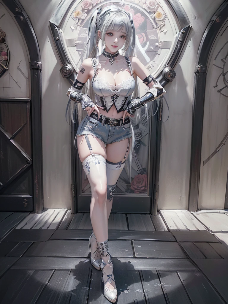 (Full body:1.5)、(Full body:1.2)、(Smiling with teeth showing:1.3),(Shibuya Gal:1.5)、(Neo-goth style fashion:1.5)、(Punk RockVisual Kei:1.4)、(Medieval noble gimp in denim and silver and white:1.5)、(Denim medieval white arm covers and garter shorts:1.5)、(White denim high heels:1.3)、(Wearing silver accessories:1.5)、(Denim collar:1.4)、(White leather garter belt:1.4)、(Brown Skin Belt:1.3)、(White lace underwear:1.5)、20-year-old、NSFW、((Highest quality、In 8K、masterpiece:1.3))、Sharp focus:1.2、(Layered Cut、Huge boobs:1.1),Beautiful woman with perfect figure:1.4、(Dancing vigorously:1.3)、Slender Abs:1.2、Highly detailed face and skin texture、Detailed eyes、double eyelid,(Twin tails:1.3)、(Golden Hair:1.3)、Gravure idol、(The background is a VIP room of a high-class cabaret club surrounded by roses on a sunny day outdoors.:1.3)、(Slim body:1.3),(Make your legs thinner:1.4),(clavicle:1.1)