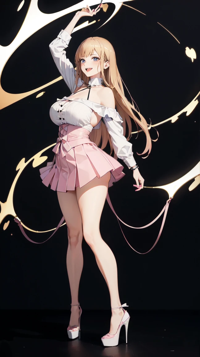 ((masterpiece, high resolution, better quality, better details)), ((Marin Kitagawa)), ((Smiling)), ((one girl)) a girl modeling standing, mini skirt, blouse, ((big neckline)), ((platform high heels)), pink eyes with black outline, (light blonde hair, straight hair, straight bangs, long hair)), long nails, pink nails, (((curvy body))), shiny skin, ((side view)), solo, bare shoulders, full body, focus full body, high heels, ((White background)),