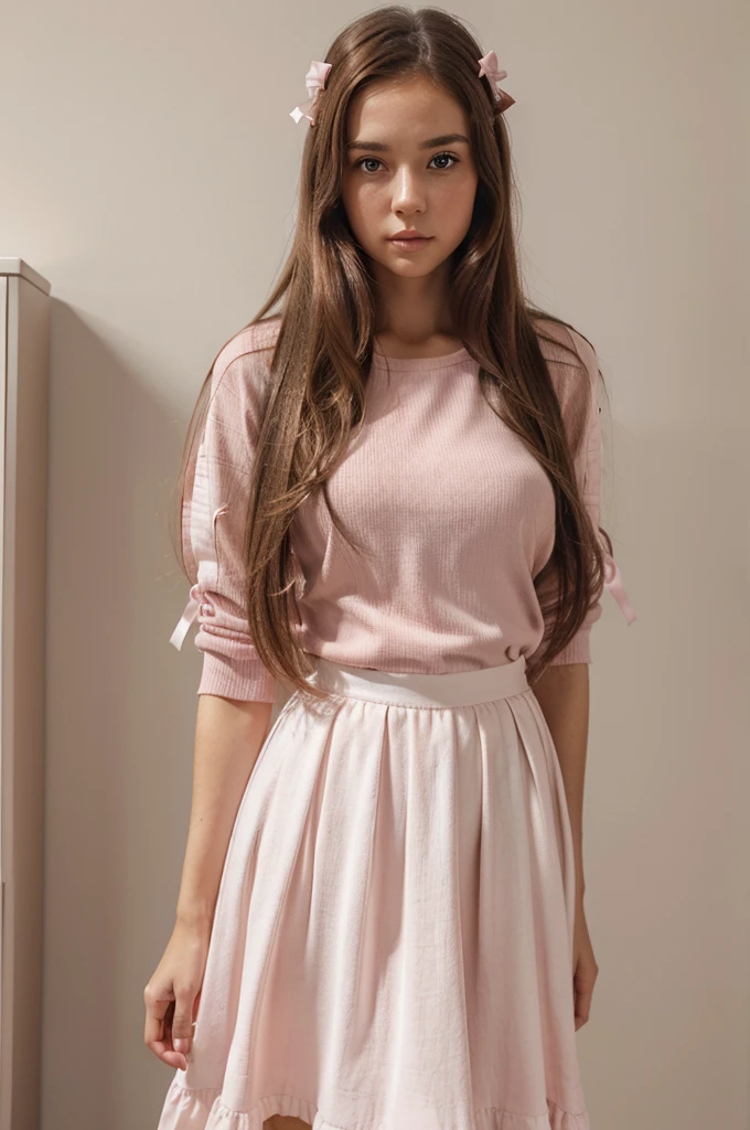 Girls with dark brown eyes wear long pink clothes and white skirts, has long brown hair and wears a pink ribbon in her hair