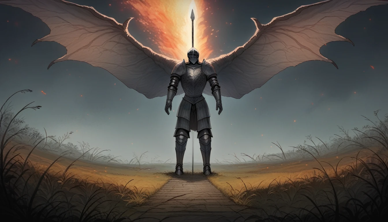 dark fantasy aestetics, elden ring, elden ring style dark night, dim light, huge wings made of grey and blue fire, death knight, black armour, knight covered in grey fire, ornamented helmet, winged helmet, ornamented armour, beautiful armour, horrifing beauty, standing with the gungnir spear, big grass field on the background, dark fantasy, horror, dnd, atmospheric perspective, perspective, wide shot, 4K, 8k, highres, high quality, masterpiece, best quality
