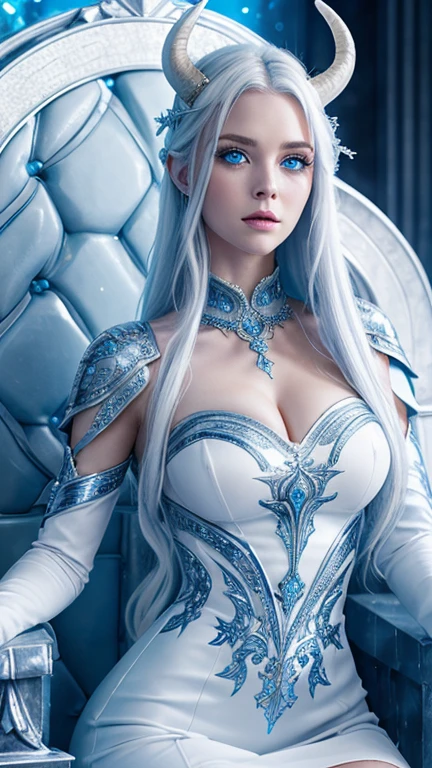 Best quality, cinematic image, detailed image, fantasy, detailed face, detailed beautiful blue eyes, ice goddess, Queen of Winter, horns, Throne room, everything is in ice, белая кожа, Very long white hair, bodycon white dress, Beautiful woman, high, cold look