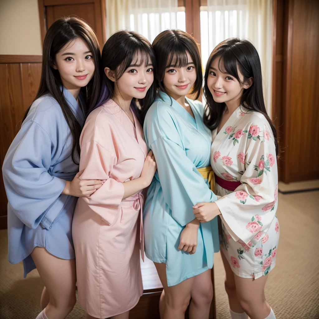Best Quality,,smile,middle School girls,Beautiful girl,Hot spring inn,Girl wearing yukata,Several girls are depicted,Harem,Idol Group,photo shoot,Long Hair,Highest quality,Big Breasts,Happy girl,Horny girl,Yellow Eyes,Perfect Face,Standing posture,Girls hugging each other,She has her bangs down,Beautiful Eyes,Smooth hair,Angel girl,Multi-colored hair,Naughty Girls,Beautiful girls,beautiful girl,loose socks