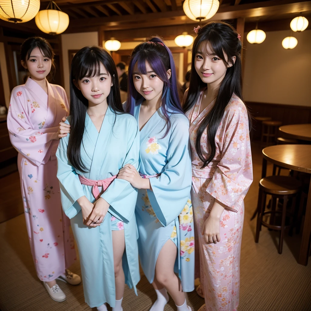 Best Quality，，smile，middle  girls，Beautiful girl,Hot spring inn,Girl wearing yukata，Several girls are depicted，Harem，Idol Group，photo shoot，Long Hair，Highest quality，Big Breasts，Happy girl,Horny girl，Yellow Eyes，Perfect Face，Standing posture,Girls hugging each other，She has her bangs down，Beautiful Eyes,Smooth hair，Angel girl，Multi-colored hair，Naughty Girls，Beautiful girls，beautiful girl，loose socks