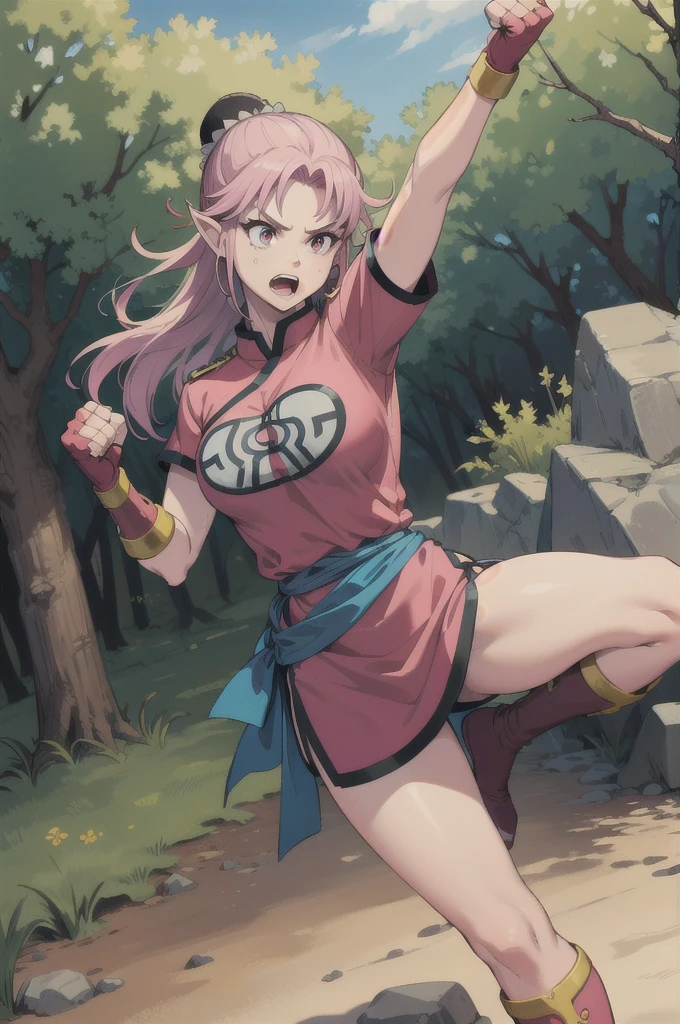 maam,big breasts,beautifuleyes,narrow waist,realistic,solo,outdoor,forest, martialMaam,pink hair,hair bun,long hair,china dress,short sleeves,sash,fingerless gloves,beautiful legs, clenched fists, (action pose,:1.1), (masterpiece, best quality:1.1), (open mouth, clenched fist, action pose,:1.1), ((fight against goblin)), (goblin ambush), maam, dragon quest,