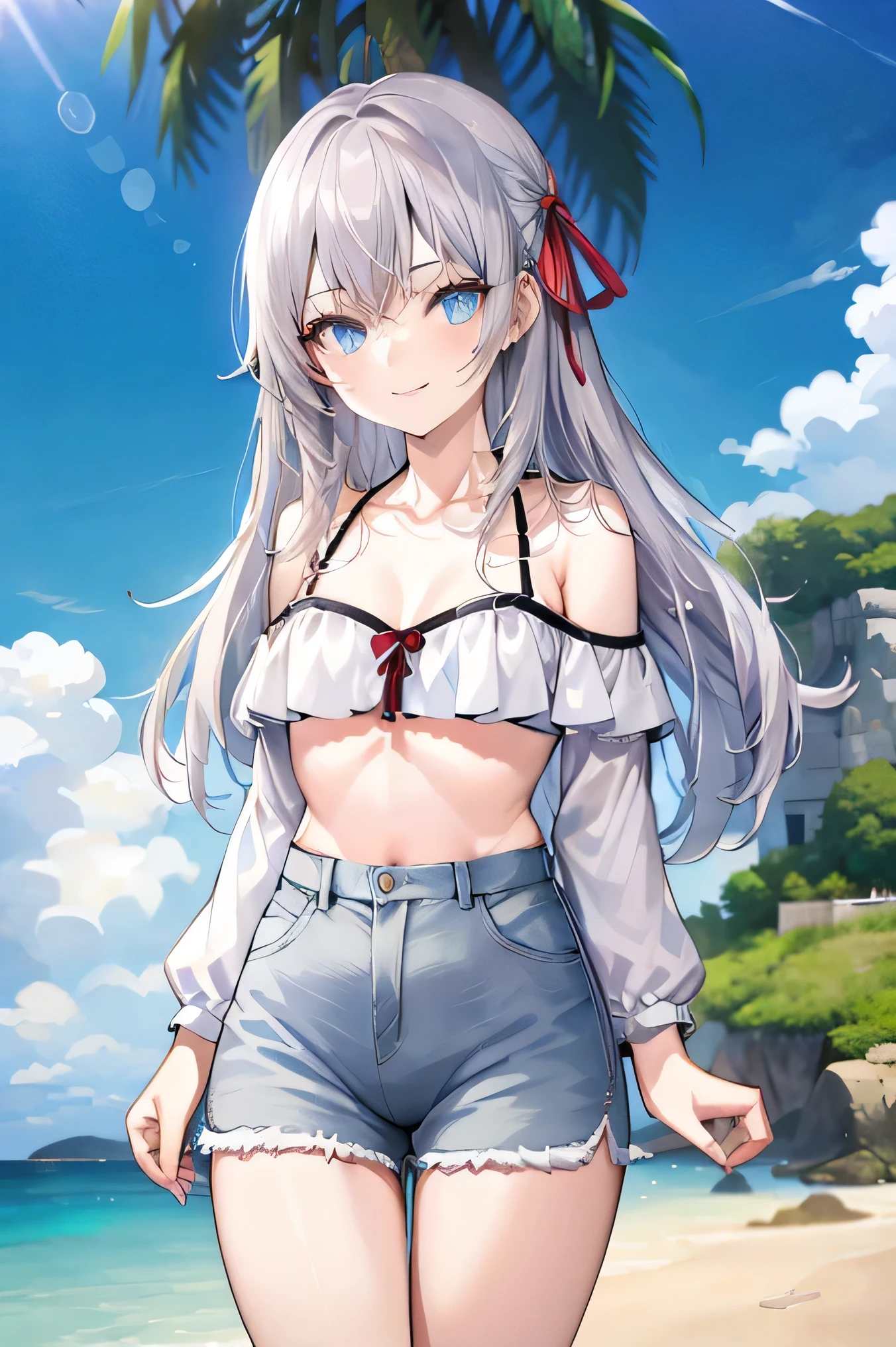 silver hair,blue eyes,Arya、Best masterpiece, anime coloring, ultra-detail, 8k、((beach))、summer, morning, sun、White off-shoulder jeans with shorts、from below、looking down、smile、silver hair,long hair,red ribbon,turime,slender,medium breasts、outdoor,small breasts