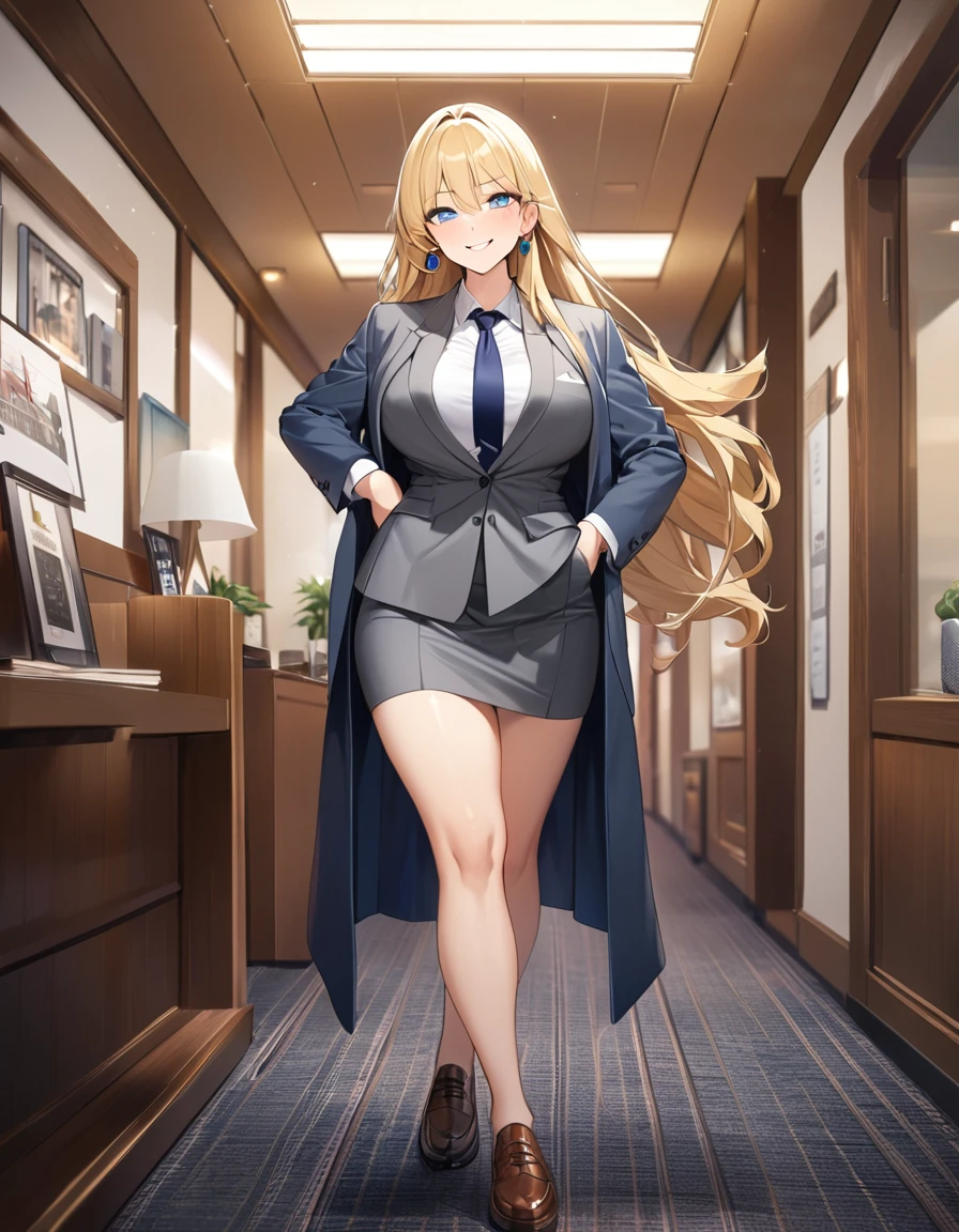 (Highest quality、Very detailed、Ultra-high resolution) 、(1 girl、、Mature), blue eyes、smile、((Blonde))、Semi-long hair、Large Breasts、(suit:1.4), T shirt, Oxford shoes, earrings