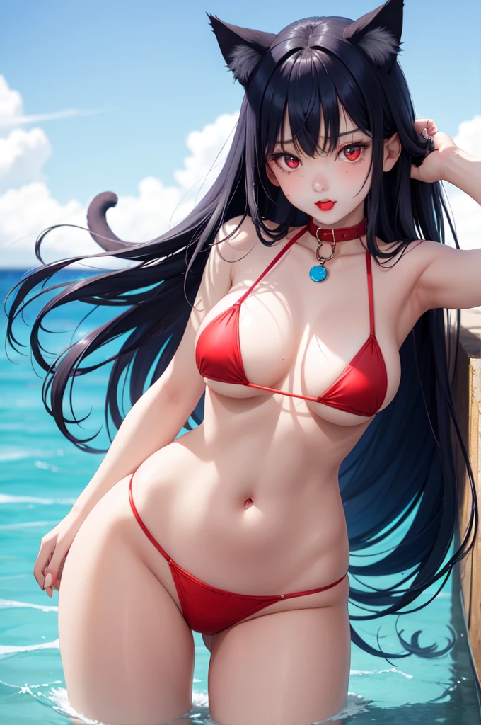 1 girl、Detailed facial details,,Collar,Cat ear,Blue long hair,Red lips,Slim,Wearing a sky blue bikini,Large Breasts,Charming red eye,Collar,Radiant Skin,ocean,The underwater world