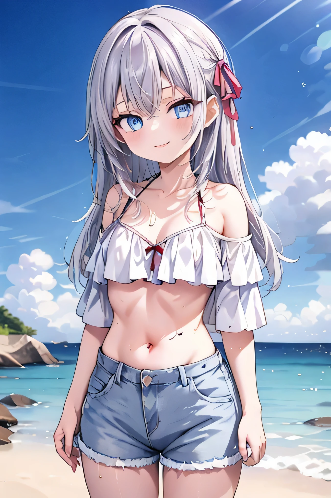 silver hair,blue eyes,Arya、Best masterpiece, anime coloring, ultra-detail, 8k、((beach))、summer, morning, sun、White off-shoulder jeans with shorts、from below、looking down、smile、silver hair,long hair,red ribbon,turime,slender,medium breasts、outdoor,small breasts,Mature