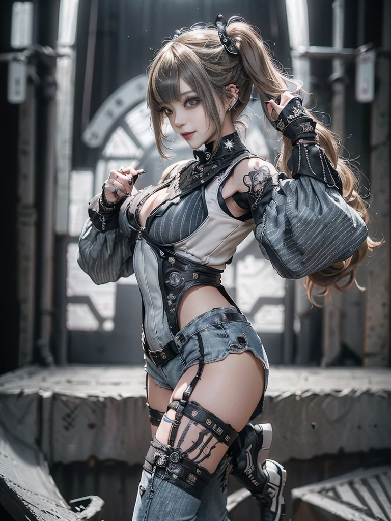 (Full Body View:1.4)、(Side view:1.1)、(Smiling with teeth showing:1.3),(Shibuya Gal:1.5)、(Gothic ta style fashion:1.5)、(Punk RockVisual Kei:1.5)、(Wearing a rhythmic gymnastics bodysuit with intricate details:1.4)、(Racing suit and pants with intricate decorations in white, denim and charcoal:1.5)、(Denim and light blue and white boots:1.3)、((belt))、(Numerous delicate logo marks all over the costume:1.4)、(collar:1.3)、(Striped underwear:1.5)、20-year-old、NSFW、((Highest quality、In 8K、masterpiece:1.3))、Sharp focus:1.2、(Layered Cut、Huge boobs:1.1),Beautiful woman with perfect figure:1.4、(Dancing vigorously:1.3)、Slender Abs:1.2、Highly detailed face and skin texture、Detailed eyes、double eyelid,(Twin tails:1.3)、(Brown-golden hair:1.3)、Gravure idol、(The background is the stage of the fashion show:1.3)、(Slim body:1.3),(Make your legs thinner:1.4),(clavicle:1.1)、(Thin and slim thighs:1.3)