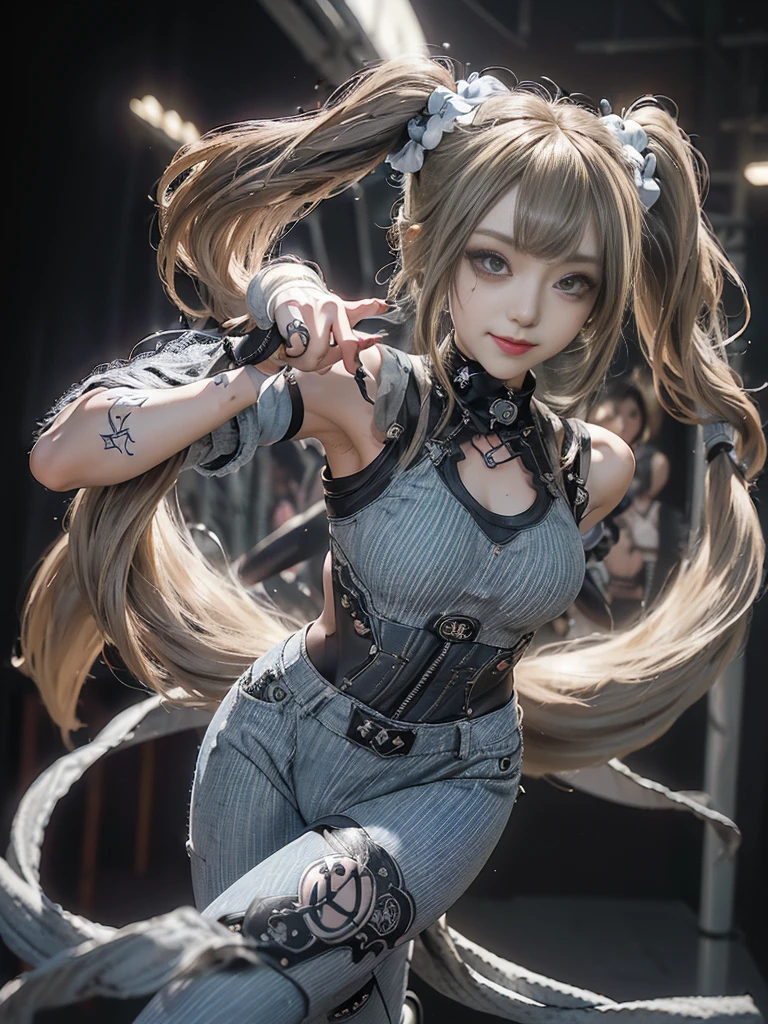 (Full Body View:1.4)、(Side view:1.1)、(Smiling with teeth showing:1.3),(Shibuya Gal:1.5)、(Gothic Lolita style fashion:1.5)、(Punk RockVisual Kei:1.5)、(Wearing a rhythmic gymnastics bodysuit with intricate details:1.4)、(Racing suit and pants with intricate decorations in white, denim and charcoal:1.5)、(Denim and light blue and white boots:1.3)、((belt))、(Numerous delicate logo marks all over the costume:1.4)、(collar:1.3)、(Striped underwear:1.5)、20-year-old、NSFW、((Highest quality、In 8K、masterpiece:1.3))、Sharp focus:1.2、(Layered Cut、Huge boobs:1.1),Beautiful woman with perfect figure:1.4、(Dancing vigorously:1.3)、Slender Abs:1.2、Highly detailed face and skin texture、Detailed eyes、double eyelid,(Twin tails:1.3)、(Brown-golden hair:1.3)、Gravure idol、(The background is the stage of the fashion show:1.3)、(Slim body:1.3),(Make your legs thinner:1.4),（clavicle:1.1）、(Thin and slim thighs:1.3)