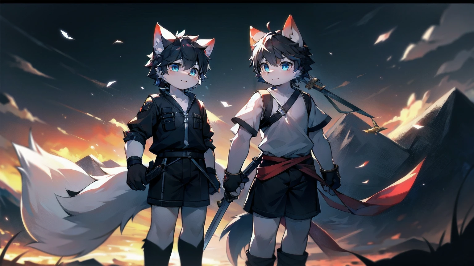 White Wolf，black hair，Sky blue eyes，hairy，Wolf ears，Wolf tail，Full body portrait，The character is in the center of the frame，Handsome，Confident eyes，male，juvenile，Black and white combat uniform，Red neck bib，Black shorts，Short sleeve，hairy arms and legs，Dark background，Dark battlefield，dawn，sunrise，dawn，illumination，shadow，Swordsman，Scabbard and sword，Hold the hilt of a sword in your hand，The scabbard is at the waist，Highest quality