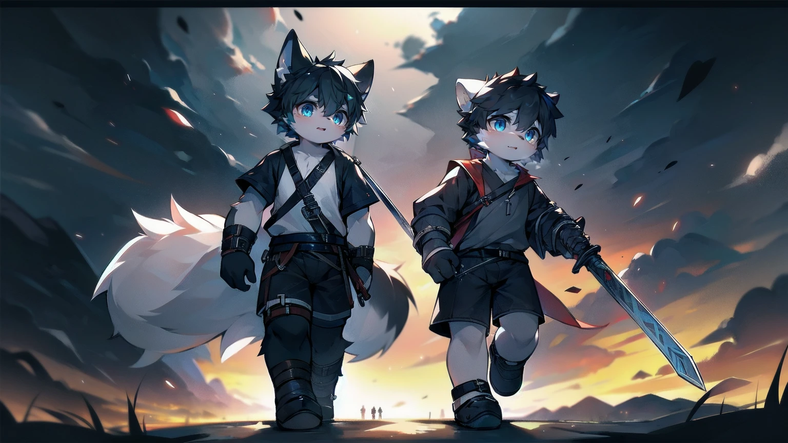 White Wolf,black hair,Sky blue eyes,hairy,Wolf ears,Wolf tail,Full body portrait,The character is in the center of the frame,Handsome,Confident eyes,male,juvenile,Black and white combat uniform,Red neck bib,Black shorts,Short sleeve,hairy arms and legs,Dark background,Dark battlefield,dawn,sunrise,dawn,illumination,shadow,Swordsman,Scabbard and sword,Hold the hilt of a sword in your hand,The scabbard is at the waist,Highest quality