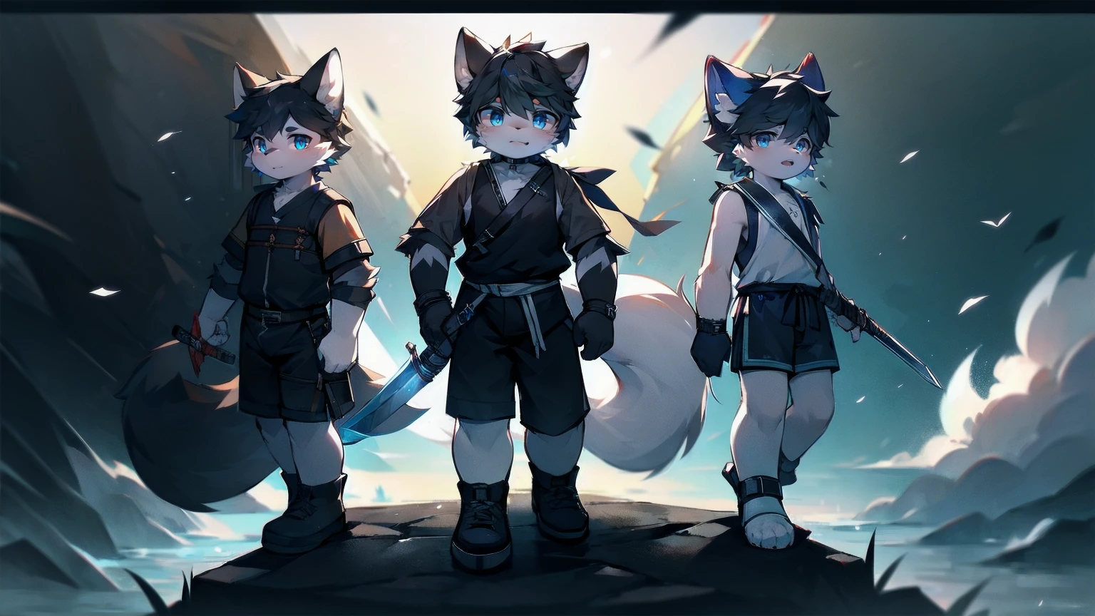 White Wolf，black hair，Sky blue eyes，hairy，Wolf ears，Wolf tail，Full body portrait，The character is in the center of the frame，Handsome，Confident eyes，male，juvenile，Black and white combat uniform，Red neck bib，Black shorts，Short sleeve，hairy arms and legs，Dark background，Dark battlefield，dawn，sunrise，dawn，illumination，shadow，Swordsman，Scabbard and sword，Hold the hilt of a sword in your hand，The scabbard is at the waist，Highest quality