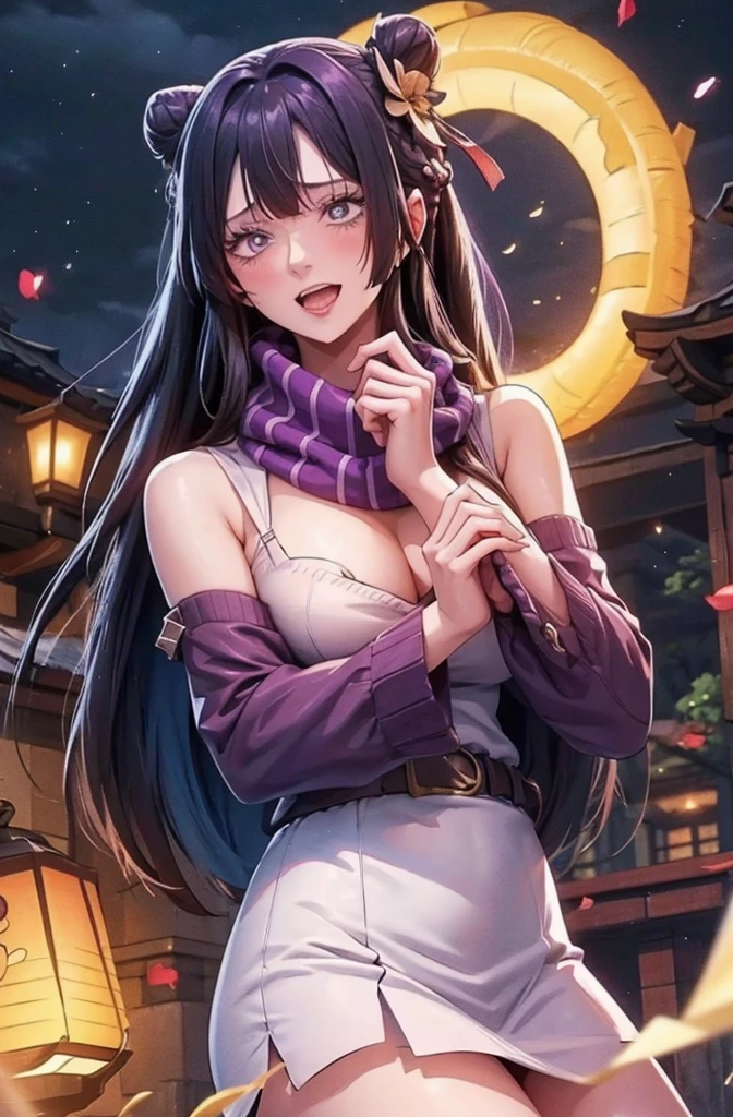(Realistic painting style:0.9), masterpiece, best quality, absurdres, looking at viewer, solo, keqing (lantern rite) (genshin impact), keqing (genshin impact), hair bun, skirt, scarf, purple sweater, white skirt, purple hair, sweater, twintails, purple eyes, diamond-shaped pupils, hair ornament, bare shoulders, smile, breasts, cone hair bun, long hair, belt, double bun, long sleeves, bangs, bow, hair flower, hair bow,ribbon, hair ribbon, braid, plaid scarf, plaid, off shoulder
