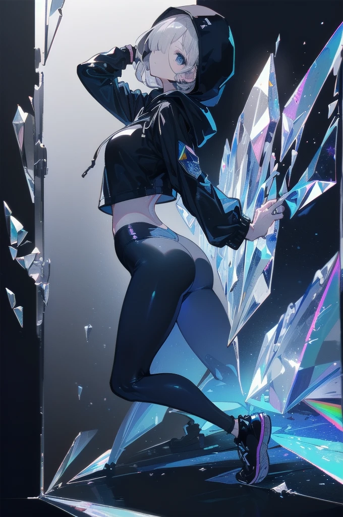 4k,Absurdres,Best quality,Masterpiece,Detailed illustration,Destructive art,Opulent,Insanely detailed,Ultra-highres,Ultra-detailed,Ultra detailed eyes,Ray Tracing,Illustrated,Reflected Light,(Dynamic angle:1.5),(Prism:1.5),1girl,Solo,(Tall girl:1.5),(Big hood:1.5),(Hood up:1.5),(Hooded:1.5),(Dark blue jacket:1.5),(Black shirt:1.5),(Black leggings:1.5),(Blue eyes:1.5),(Gauze on face:1.5),(Long sideburns:1.5),(Medium hair:1.5),(Gray hair:1.5),(Hair over one eye:1.5),(Beautiful ass:1.5),(Full body:1.5),(Breaking glass background:1.5),(Dark theme:1.5),(Looking at viewer:1.5),(Backlight:1.5),(Anime wallpaper:1.5)