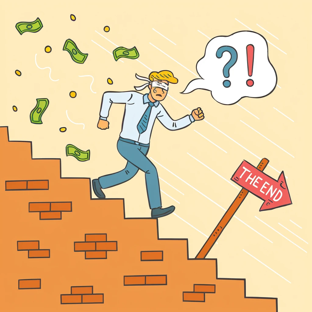 cartoon man climbing a ladder with a sign that says the end, An illustration, exciting illustration, funny illustration, por Whitney Sherman, simple illustration, cartoon style illustration, flat illustration, be running up that hill, Winning illustration, cartoon illustration, por Harry Beckhoff, it uncertainty\', small steps that lead down, hd illustration, marketing game illustration, hand drawn cartoon