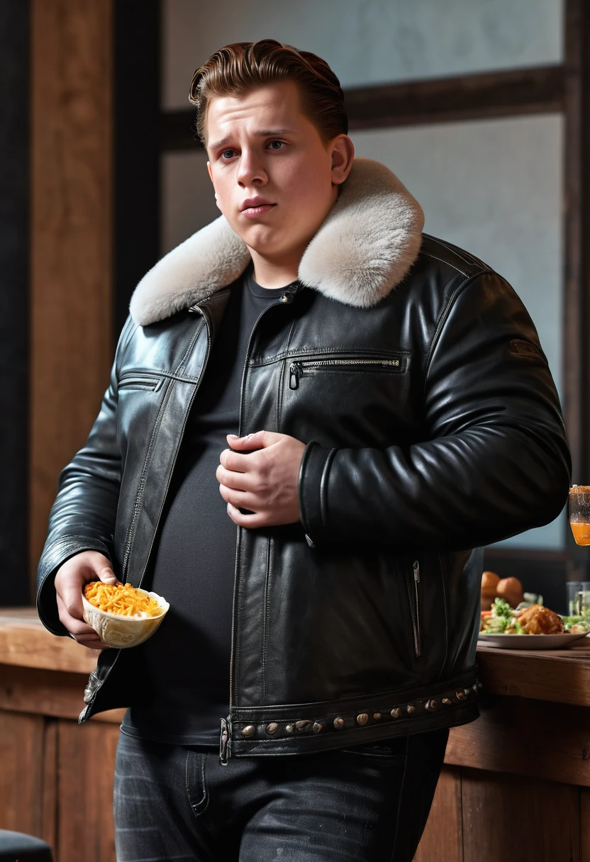 Tom Holland, Giant Belly, Big Bulge, Eating food, Bursting out of jacket, leather jacket with fur trim,  long sleeves, black jeans, volumetric lighting, athletic, best quality, masterpiece, intricate details, tonemapping, sharp focus, hyper detailed, trending on Artstation, looking at viewer, realistic, Obese, Big Penis