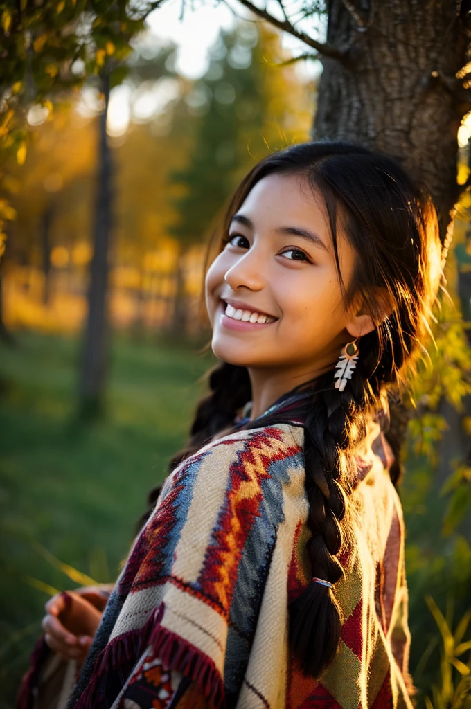 (grainy:0.5), cinematic, girl,native american,fantasy,(solo:1.3), detailed eyes, detailed face, detailed native american clothing , volumetric lighting, dusk, extremely detailed background, standing next to tree, smiling, half closed eyes, tilted head, from side