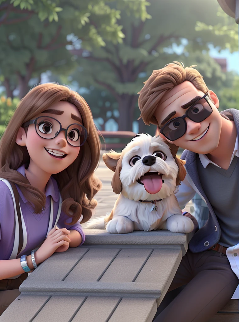 young couple man brown hair and woman blonde hair both with sunglasses, a white and brown shih tzu dog with its tongue out and without glasses in Disney Pixar style, high qualiy, best qualityer