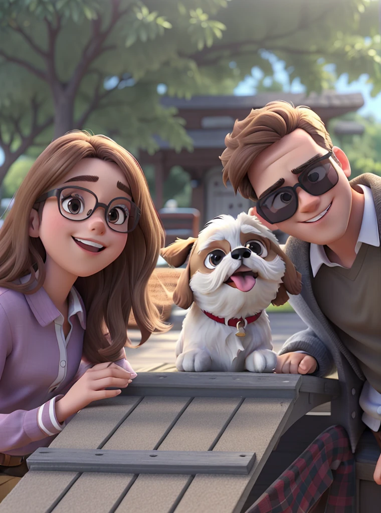 young couple man brown hair and woman blonde hair both with sunglasses, a white and brown shih tzu dog with its tongue out and without glasses in Disney Pixar style, high qualiy, best qualityer