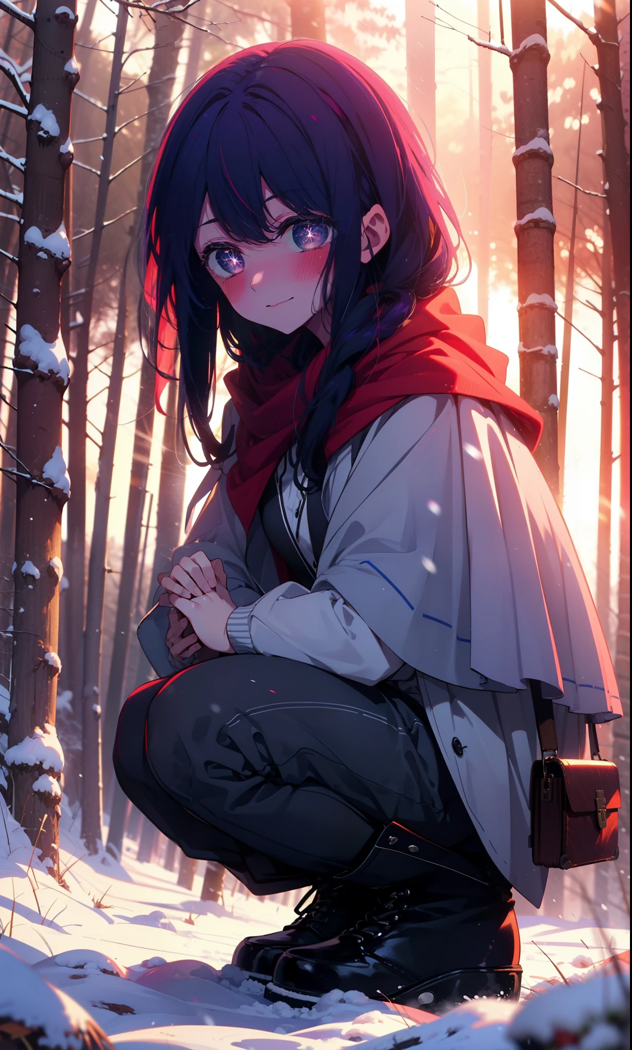 aihoshino, Ai Hoshino, Long Hair, bangs, (Purple eyes:1.1), Purple Hair, (Symbol-shaped pupil:1.5), smile,,smile,blush,White Breath,
Open your mouth,snow,Ground bonfire, Outdoor, boots, snowing, From the side, wood, suitcase, Cape, Blurred, , forest, White handbag, nature,  Squat, Mouth closed, Cape, winter, Written boundary depth, Black shoes, red Cape break looking at viewer, Upper Body, whole body, break Outdoor, forest, nature, break (masterpiece:1.2), Highest quality, High resolution, unity 8k wallpaper, (shape:0.8), (Beautiful and beautiful eyes:1.6), Highly detailed face, Perfect lighting, Extremely detailed CG, (Perfect hands, Perfect Anatomy),