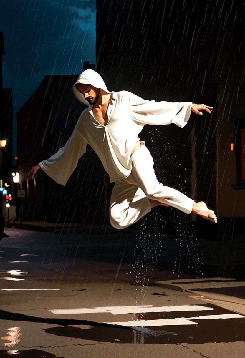 Late Night Soul Dancer Mark,A homeless man dancing alone in the rain, souls,Look up,Barefoot,White loose worn clothes,Professional ballet movements,Butterflies chasing fingertips,Very contagious,Splash,Light and Shadow,Minimalism,artistic conception,Clean background