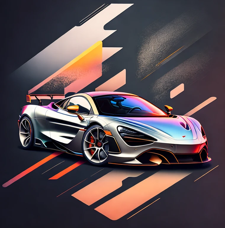 Art for t-shirt graphic design, a modern graphic design, McLAREN 720S GT3, Street, bold black color, vintage pastel background, highly detailed cleanliness, vector image, masterpiece realistic, professional photograpy, realistic car, car sunrise background, plain black background, isometric, vibrant vector