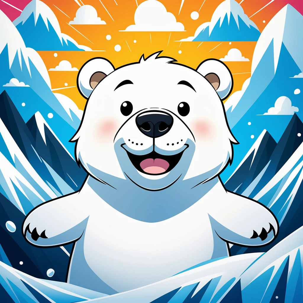 Create a 4K wallpaper with a cartoon polar bear depicting a happy expression, surrounded by relevant elements and set against a suitable background.